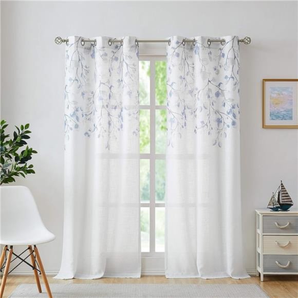 Leaf Floral PrintMetallic Sheer Linen Window Curtain Panel for Rustic LivingRoom - Picture 2 of 6